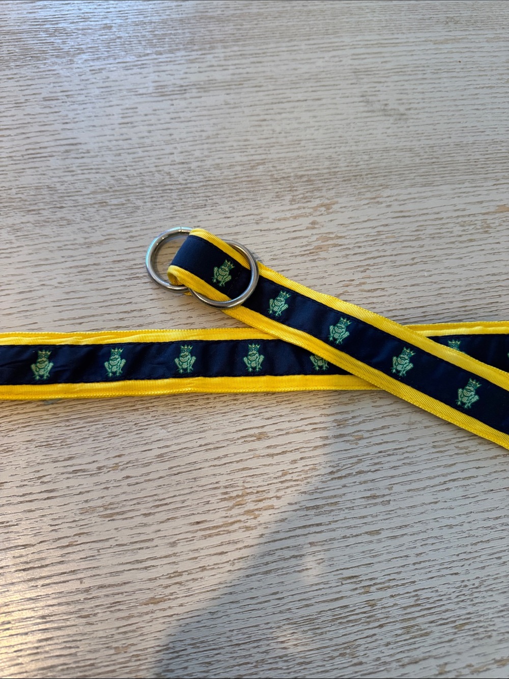CK Bradley Yellow & Navy Frog Ribbon D-Ring Belt with Green Crest Accent